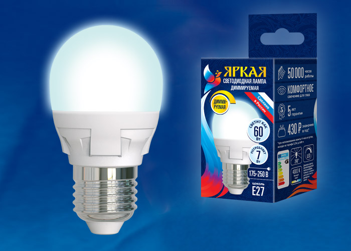 LED-G45 7W/4000K/E27/FR/DIM PLP01WH Лампа светодиодная, диммируемая. Форма «шар», матовая. Серия Ярк