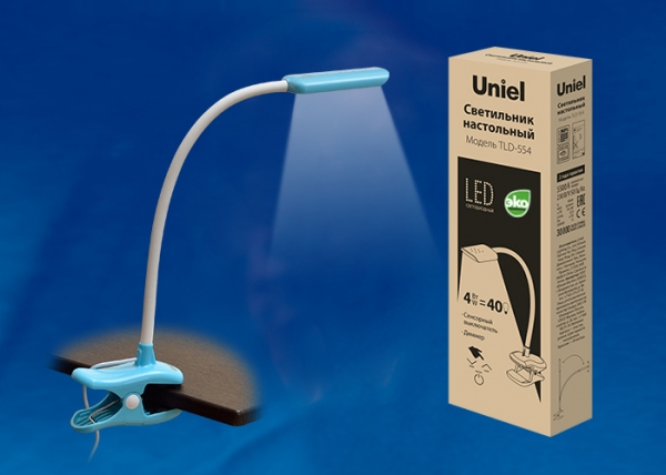 TLD-554 Blue/LED/400Lm/5500K/Dimmer Светильник настольный «прищепка», 4W. Сенсорный выключатель. Гол TLD-554 Blue/LED/400Lm/5500K/Dimmer Светильник настольный «прищепка», 4W. Сенсорный выключатель. Гол