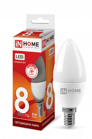 Лампа светодиодная LED-СВЕЧА-VC 8Вт 230В Е14 6500К 760Лм IN HOME Лампа светодиодная LED-СВЕЧА-VC 8Вт 230В Е14 6500К 760Лм IN HOME