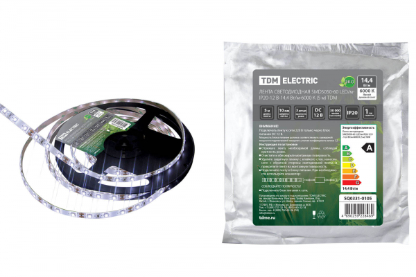 Лента светодиодная SMD5050-60-20-12-144-6000 60LED/м, IP20, 12В, 14,4Вт, (У) 6000К, TDM Лента светодиодная SMD5050-60-20-12-144-6000 60LED/м, IP20, 12В, 14,4Вт, (У) 6000К, TDM